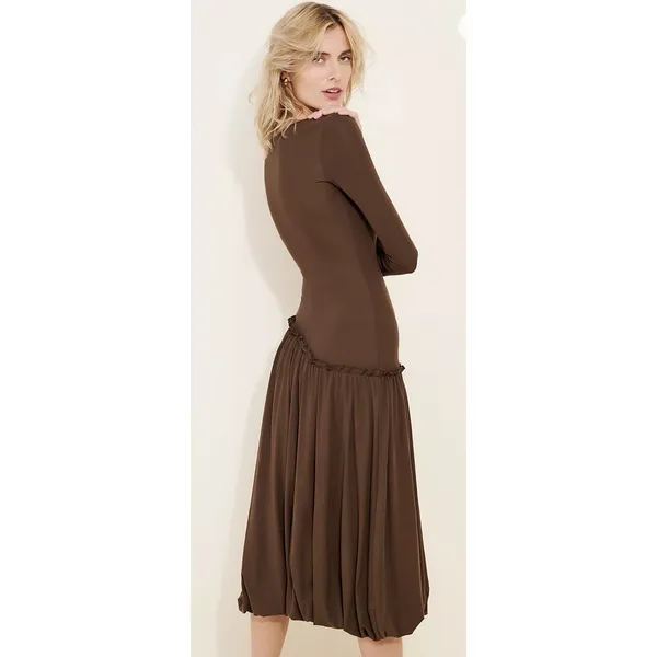 Saemdi Jeanette Drop-Waist Midi Dress Brown Size XS Bubble Hem Tencel - Image 2