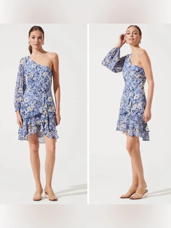 ASTR Floral One Shoulder Periwinkle Ruffle Mini Dress Size Large - Image 2