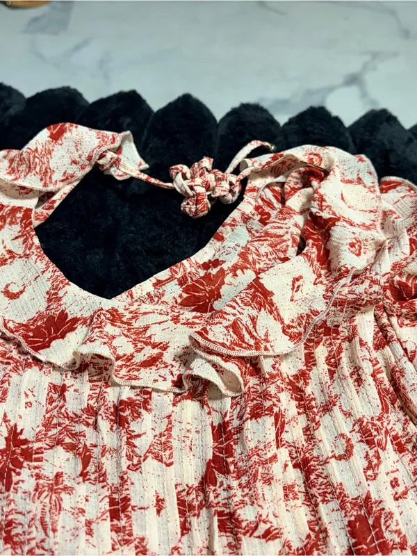 Free People Floral Red and Cream Ruffled Dress - Image 4