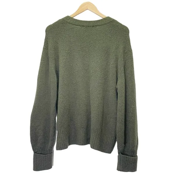 Elan Olive Green Wool Fox Blend Sweater Medium V Neck Balloon Sleeve Oversized - Image 2