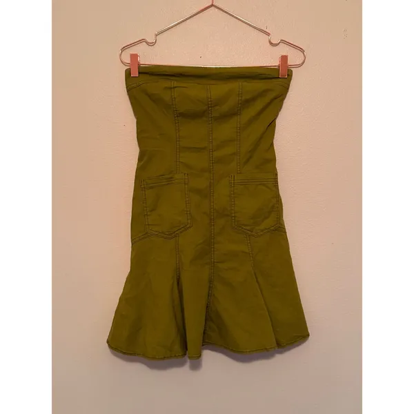 BDG Dress Women Small Olive Green Strapless Linen Blend Mini Fit & Flare‎ Tube - Image 3