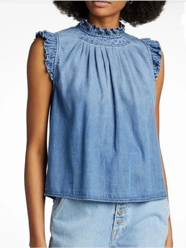 Frame Denim Joanie Top Sleeveless Ruffle Blue Size S - Image 10