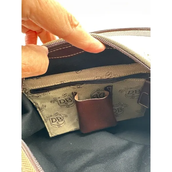Dooney & Bourke Beige Signature Logo Canvas Shoulder Bag Brown Leather Strap - Image 10