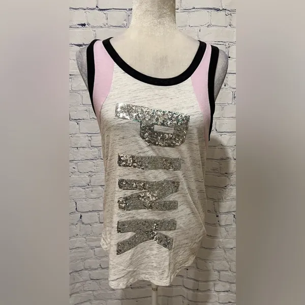 Victoria'S Secret Pink Marl Grey Bling Ribbed Neck Logo Sequin Tank S - Image 2