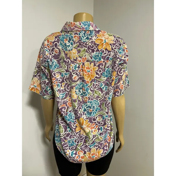 Picture Perfect Vintage Floral Button Down Shirt Short Sleeve Purple Teal Large - Image 4