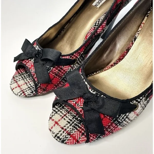 Steve Madden NINNA Plaid Peep Toe Heels Size 9 M Red Tweed Bow‎ Twee Y2K Pin-Up - Image 3