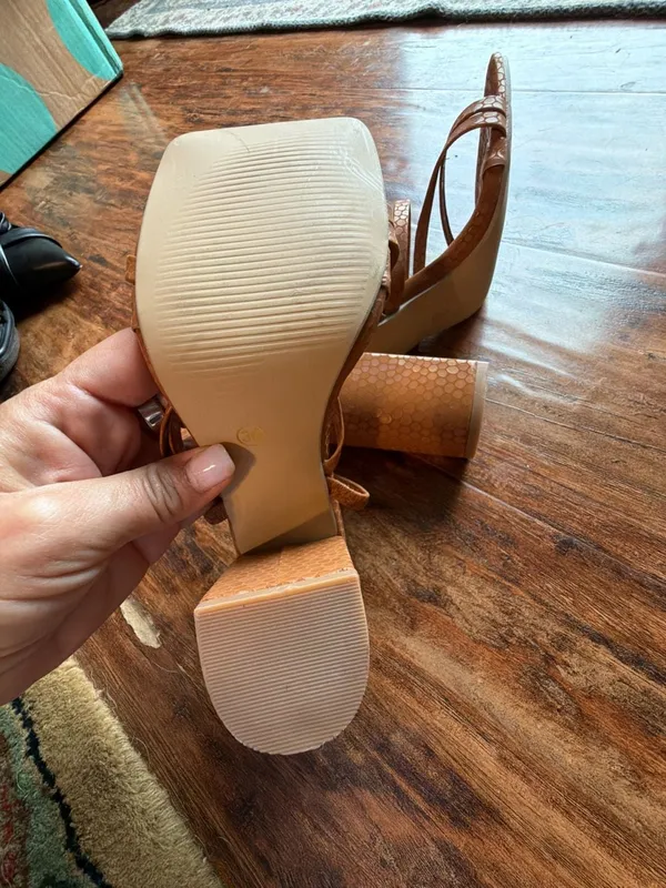 Tan Faux Snakeskin Square Toe Block Heel Sandals Size 36 - Image 5