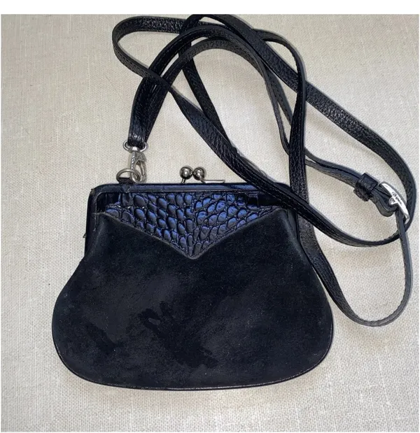 BRIGHTON Mini Purse Bag Rhinestone Heart Black Suede Leather Crossbody - Image 8