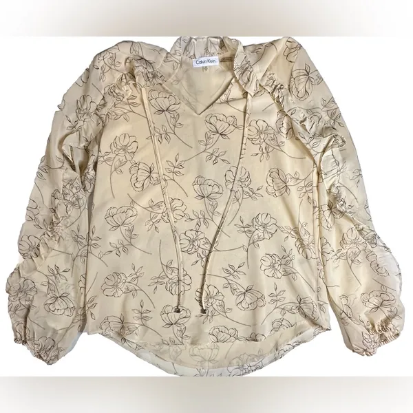 Calvin Klein Long Sleeve Ruffled Sheer Floral V-neck Tan Blouse‎ Pre-owned XS - Image 3