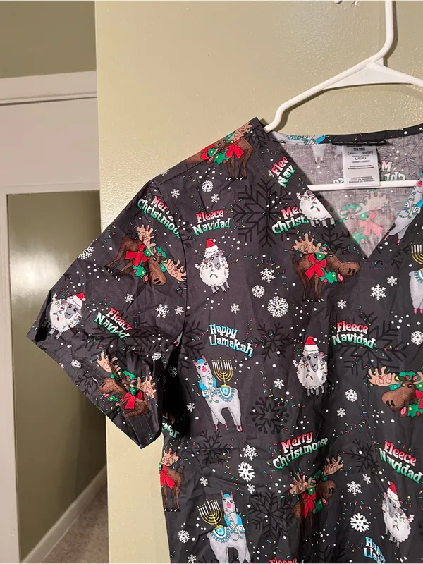 Cherokee Women's Sz Large Merry Whatever Scrub Top Gray V-Neck Holiday Christmas - Image 6