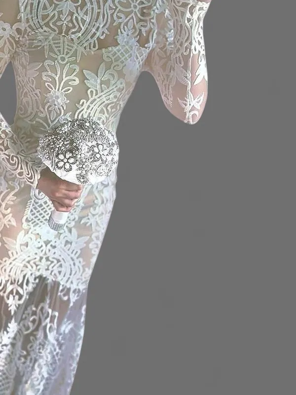 Elegant Ivory White & Nude Embroidered Lace Bohemian Dress With Rhinestone Belt - Image 4