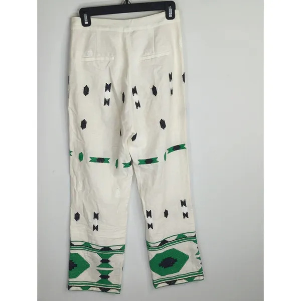Zara White‎ & Green Geometric Embroidered Linen Pants Small Coastal Bohemian - Image 8