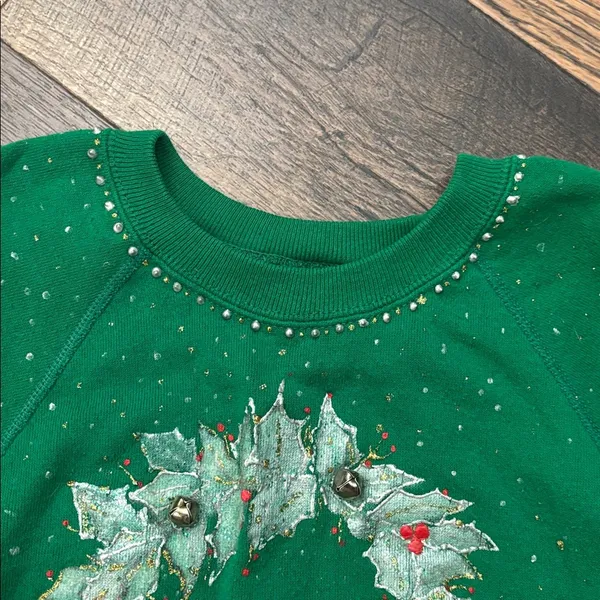 Vintage Green Puffy Paint Christmas Wreath Lee Sweater Women’s Size Large - Image 7