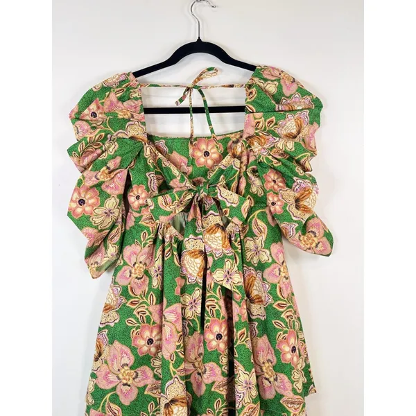 Misa Dress Green Kate Mini Ruched Puffed Floral Pintuck Tie Back A Line Boho XS - Image 11