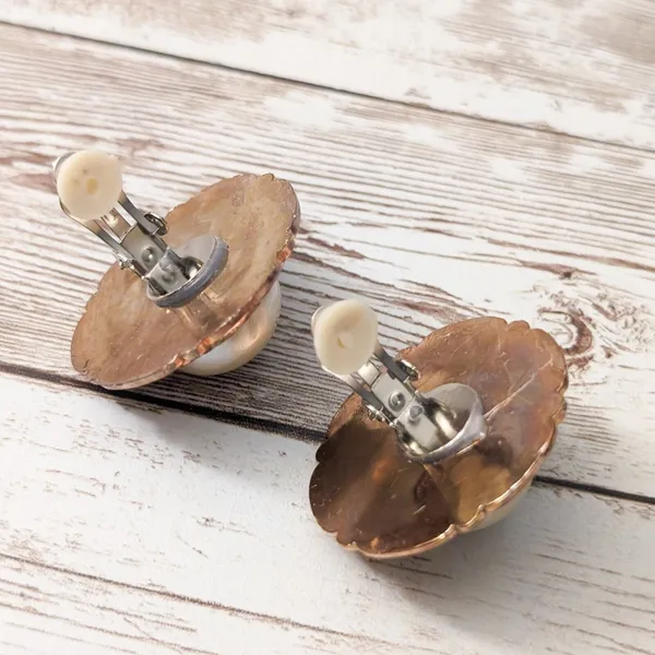 Vintage Clip On Earrings - Light Copper Tone Halo with Faux Pearl Large - Image 6