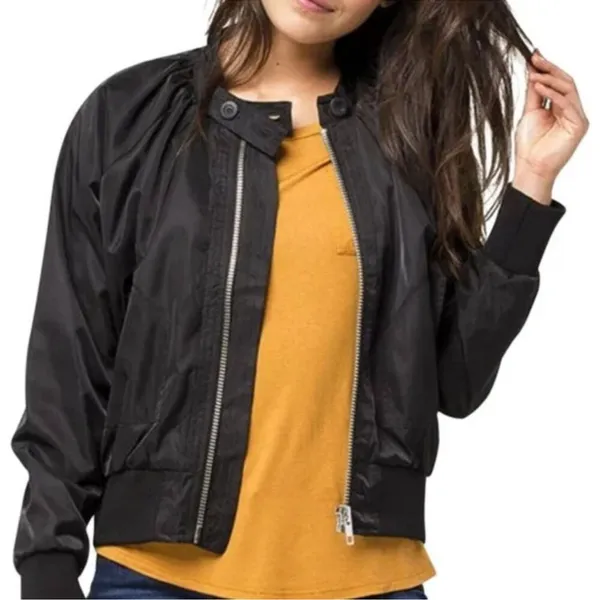 FREE PEOPLE Black Midnight Satin Full Zip Oversized Bomber Jacket L - Image 3