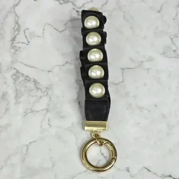 Black Faux Leather Pearl Accent Circle Clip Hook Wristlet‎ Keychain - Image 2