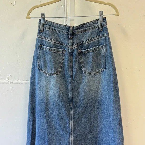 Peppermayo Denim Maxi Skirt Front Slit High Waisted XS Long Jean Skirt Med Wash - Image 5