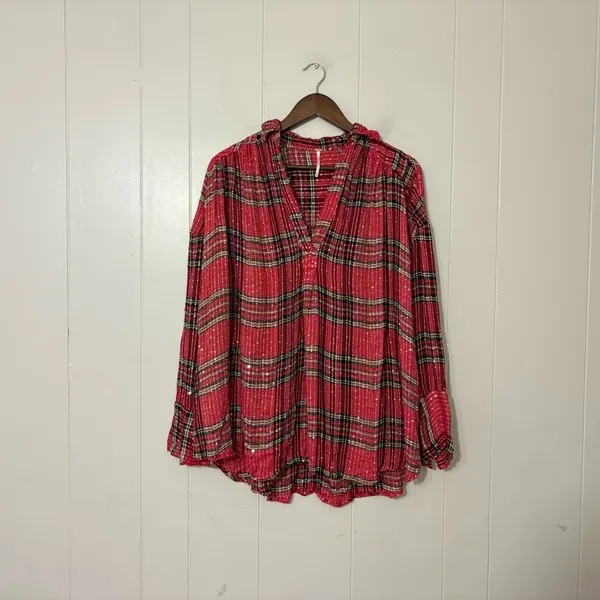 Free People Fearless Love Tunic Top XS Red Plaid Bell Sleeve Boho - Image 4