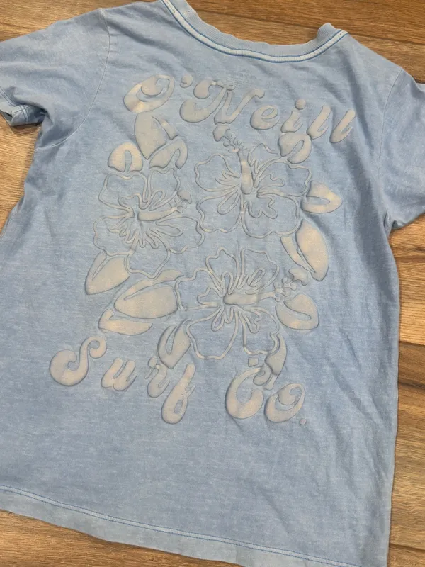 O’NEILL Casual Baby Blue Hawaiian Surf Wear Floral Graphic T-shirt | Size XS - Image 2