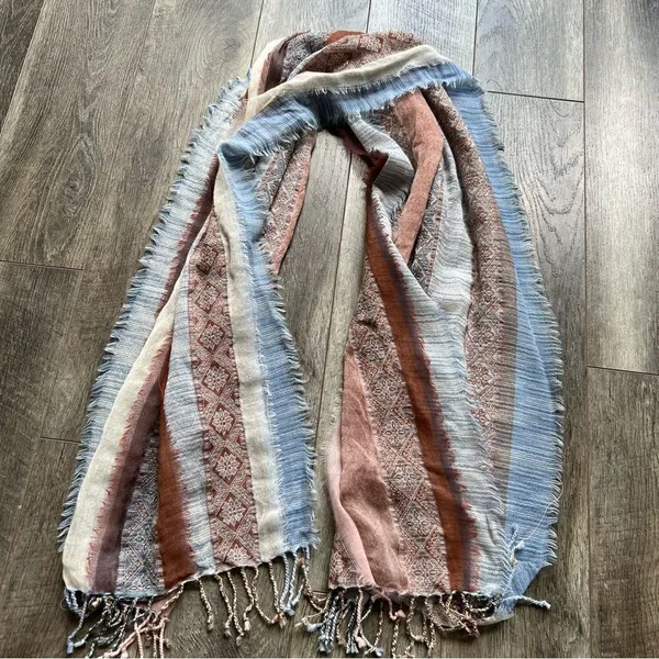 PRANA Mae Scarf Wrap Fringed Striped Tan Blue Cream Multicolored 100% Wool - Image 7
