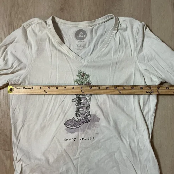 Life is Good Womens Long‎ Sleeve Graphic T Shirt White V Neck Happy Trails Boot - Image 3