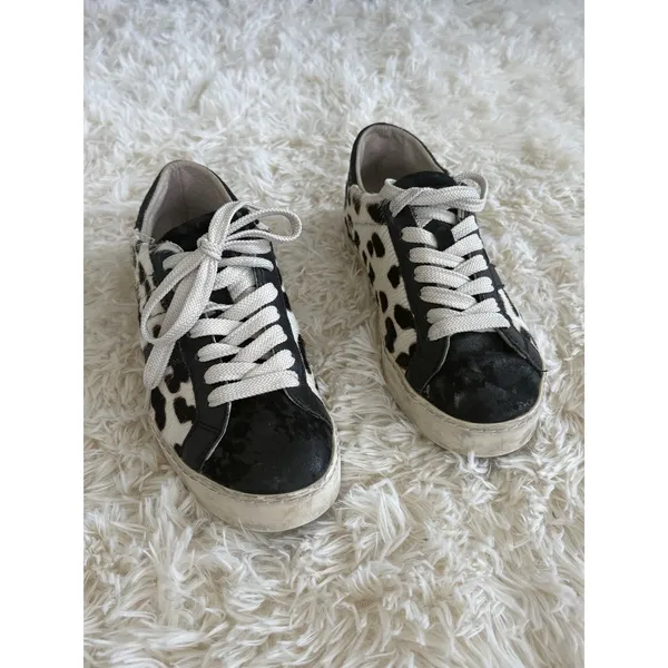 Animal‎ Print Sneakers, Black White Cow Hide Leather Upper, Fun Casual Shoes - Image 2