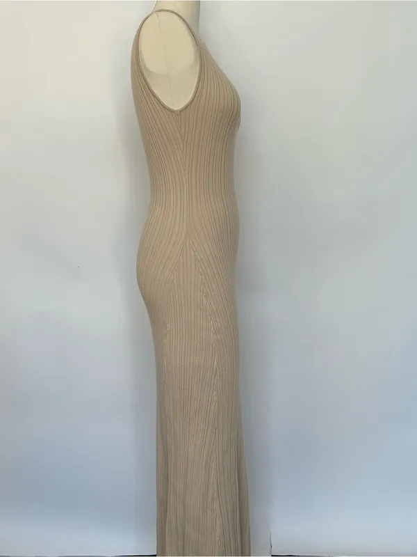 White Fox Boutique Sleeveless Ribbed Maxi Dress in Tan - Image 3