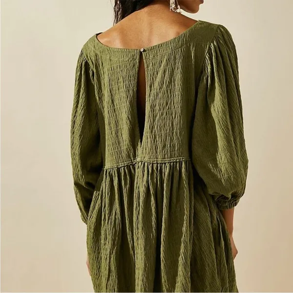 Free People Beach Green Get Obsessed Babydoll Mini Dress Long Balloon Sleeve‎ XS - Image 4