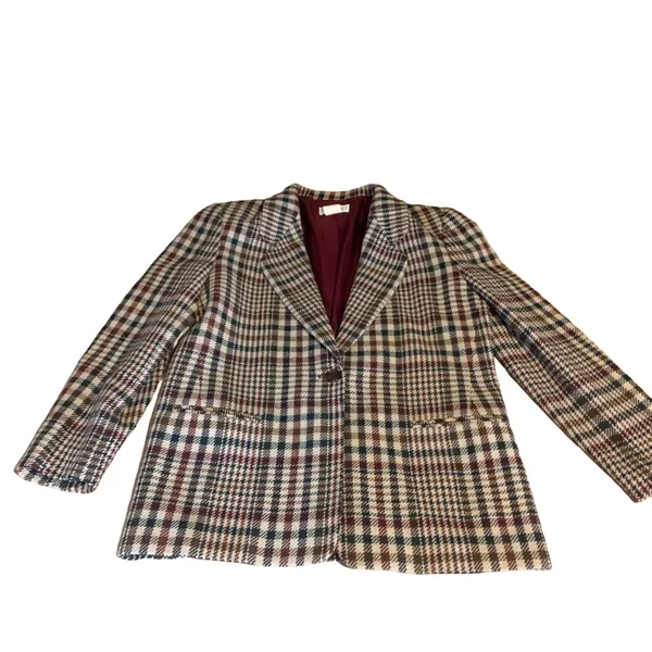Vintage 1980'S Private Concepts Burgundy & Green Wool Blend Plaid Blazer (10) - Image 9