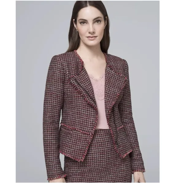 NWOT White House Black Market Red Black Tweed Fringe Moto Style Blazer - Image 2