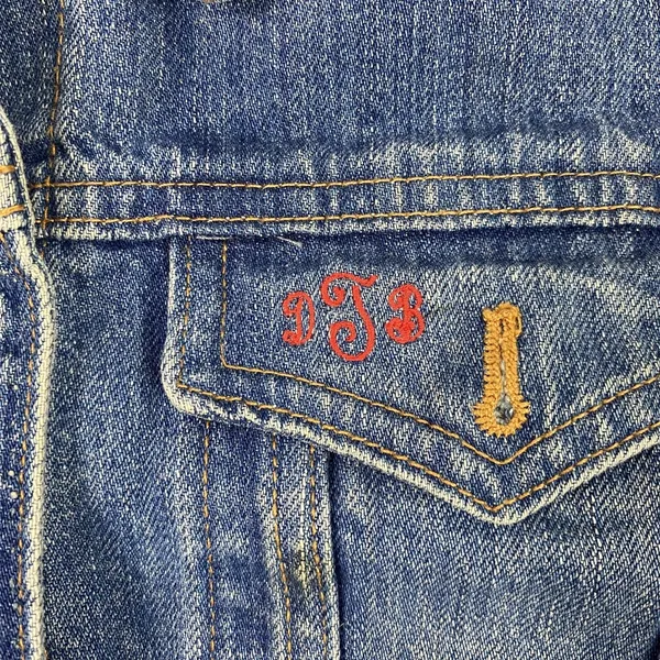 GAP Jeans Denim Trucker Jacket Womens Large Blue Button Front Monogram DJB Faded - Image 3