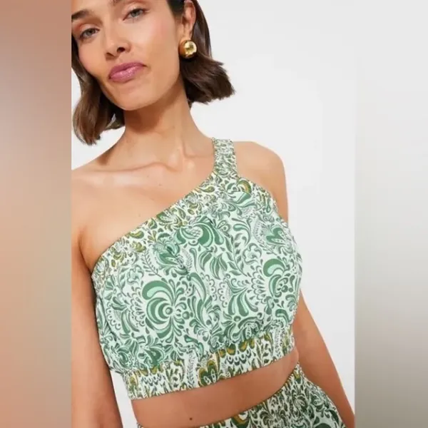 Hyacinth House Gina One Shoulder Crop Top Green Floral Cotton NWT Size S - Image 2