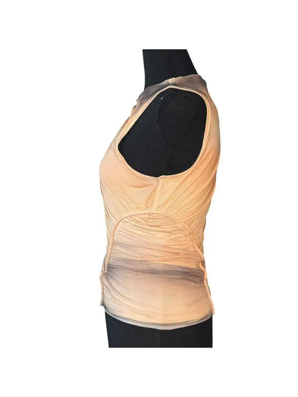 ZARA Sheer Ruched Sleeveless Tank Top Beige Mesh - Image 4