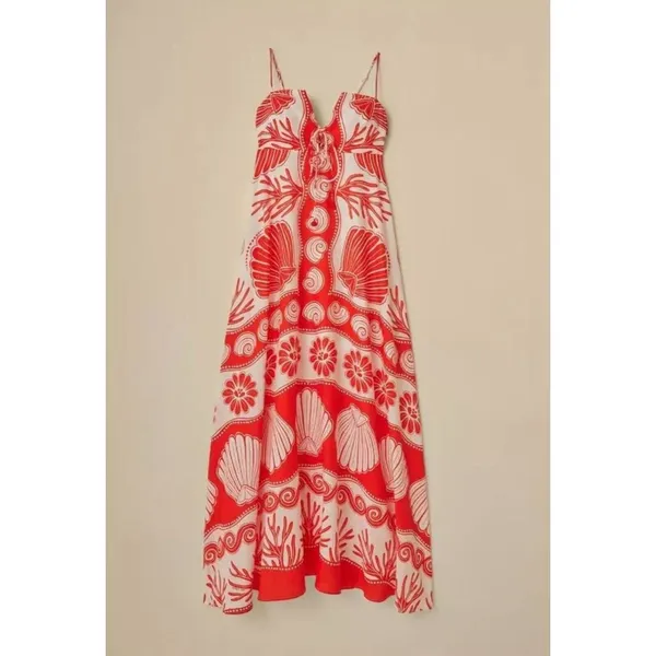 NWOT FARM RIO White Red Ainika Shell Maxi Dress Size M Linen Blend - Image 4