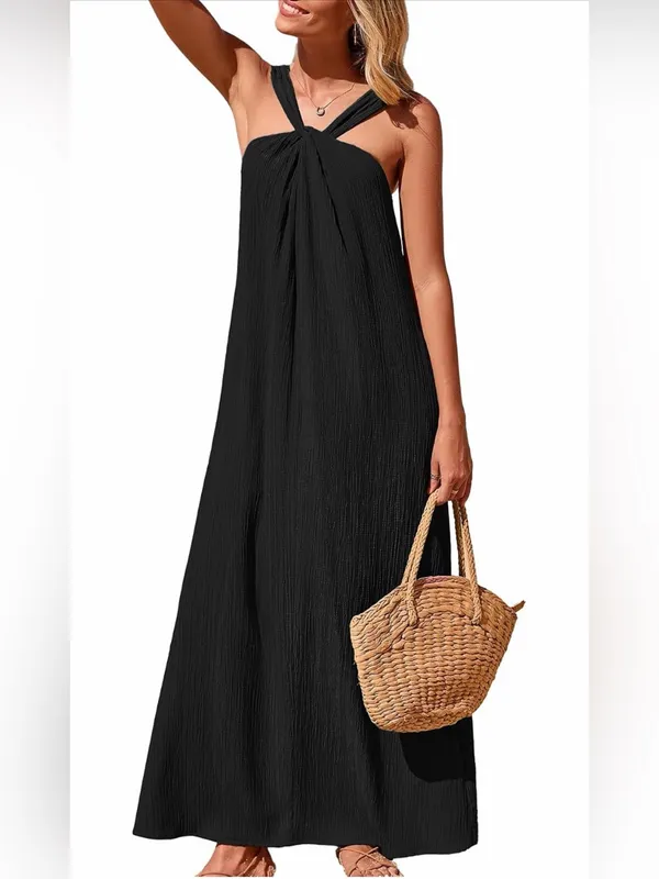 Kikibell Black Halter Maxi Dress Plisse Crinkle Flowy Summer Vacation Medium - Image 9
