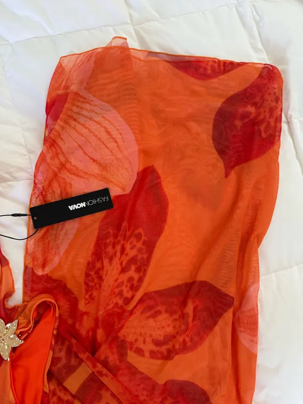 Orange Floral 3 Piece Bikini Set & Cover Up Cowl Neck Dress Sunsuit - Image 9
