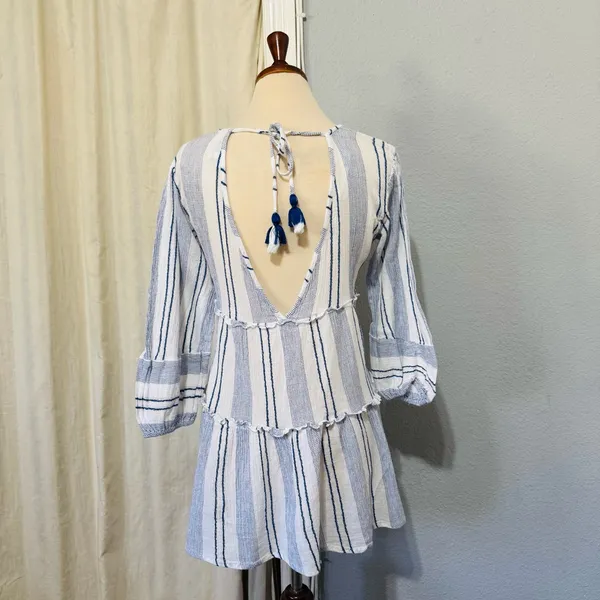 Blue Island‎ Women Boho Swim Cover Up Blue/White/Stripe Long Bell Sleeve Sz S - Image 8