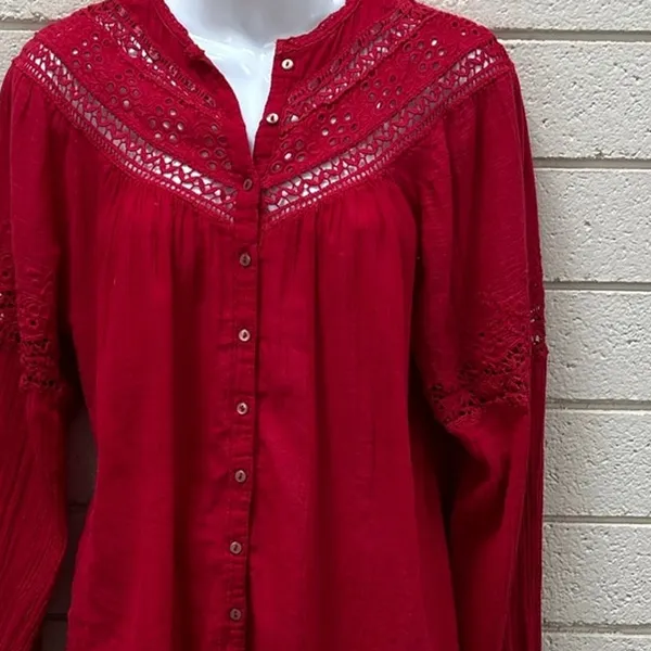 Free People Red Boho Crochet Trim Top size M - Image 6