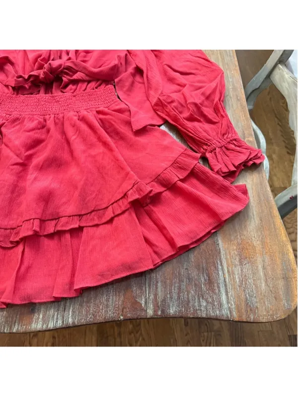 Angel Biba Red Tie Front Ruffle Tiered Mini Dress Long Sleeve Boho US S AU 8 - Image 5