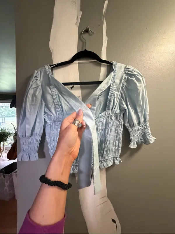 “Lime Lush” Light Blue Smocked V-Neck Womens Top - Image 2