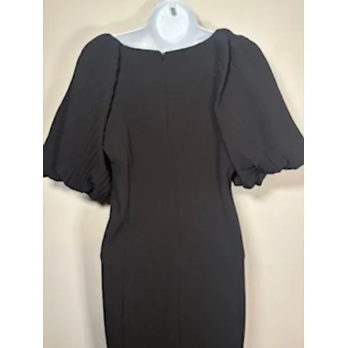 Nina Leonard Sheath Dress Black Pleated Puff Sleeve Midi LBD Elegant Size‎ M - Image 6