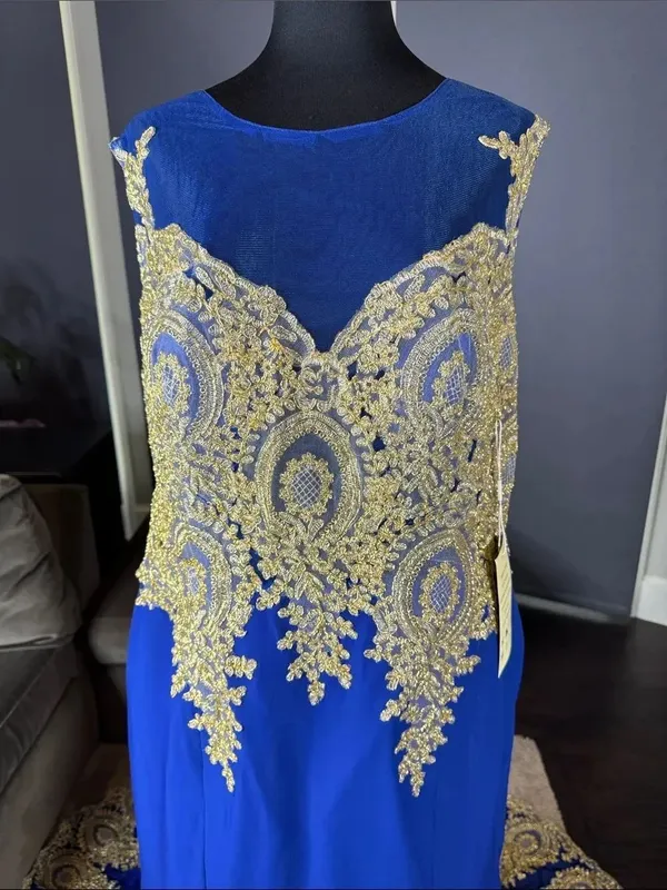 Royal Blue Evening Gown Gold Lace Appliqué with Train Side Zip Size 18 NWT - Image 5