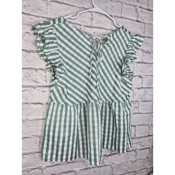 &merci Gingham Peplum Blouse Size L Green White Ruffle Cap Sleeve Tie Back Top - Image 6