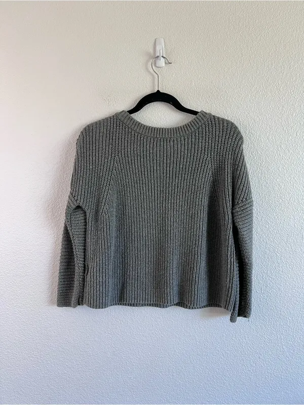 Polo Ralph Lauren Grey Boxy Ribbed Cropped Cotton Pullover Sweater Fisherman - Image 3