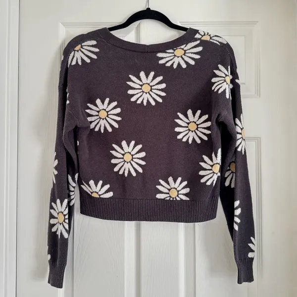 Hollister Daisy Cardigan Sweater Womens XXS Button Front Dark‎ Gray Knit Floral - Image 2