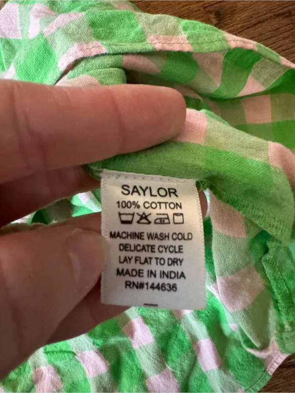 Anthropologie Saylor Emmie Mini Dress Green Light Pink Gingham L Cottage Preppy - Image 7