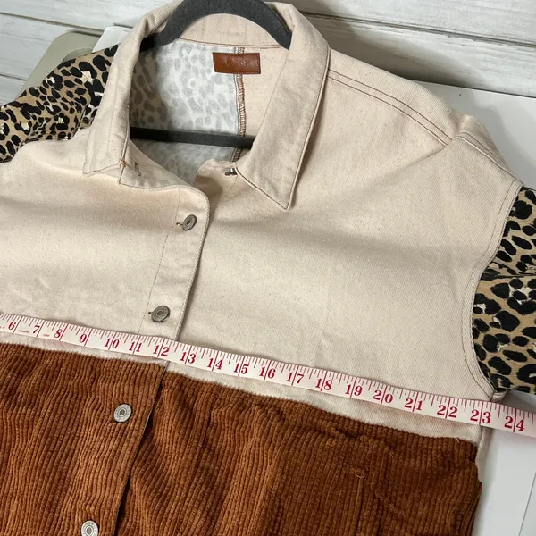 Umgee Color Block Corduroy Jacket Leopard Print Shacket Brown Size Medium - Image 5