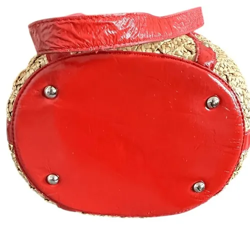 Coldwater Creek Woven Straw Tote Bag Red Leather Trim Flower Accent ‎ Vacation - Image 8