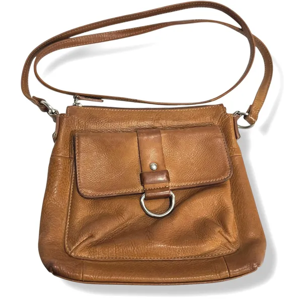 Fossil Genuine Leather Tan Crossbody Bag Ring Detail Front Pocket Womens - Image 2